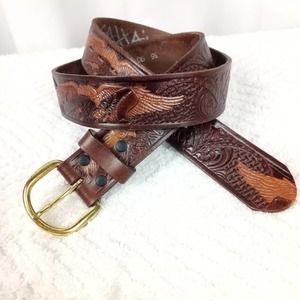 Tooled Leather Belt with Two Tone Eagles 36